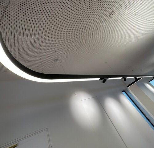 Moderne Deckenbeleuchtung mit schwarzer Leiste und leuchtenden LED-Streifen.