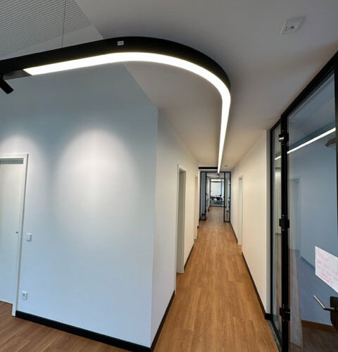 Ein leerer moderner Flur mit holzfarbenem Boden und gebogener LED-Deckenleuchte.