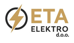Das ETA Elektro d o o Logo zeigt einen goldenen Blitz in einem schwarzen Kreis mit goldener Schrift