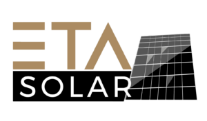 ETA Solar Logo mit goldenen und schwarzen Buchstaben sowie grauem Solarpanel auf Weiss