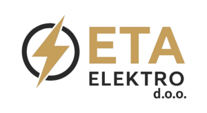 Das Logo zeigt einen stilisierten goldenen Blitz in einem schwarzen Kreis mit dem Schriftzug ETA ELEKTRO d o o in Schwarz und Gold